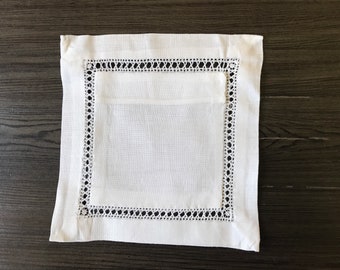 12 Pack - 6" White Linen Hemstitch Cocktail Napkins - Ladder