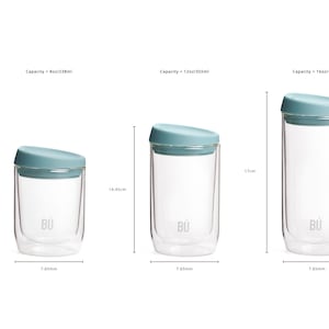 May include: Three glass double-walled tumblers with blue lids. The tumblers are 238ml, 355ml, and 475ml. The tumblers are clear glass and have a logo that says "B&Ugrave;" on the side.
