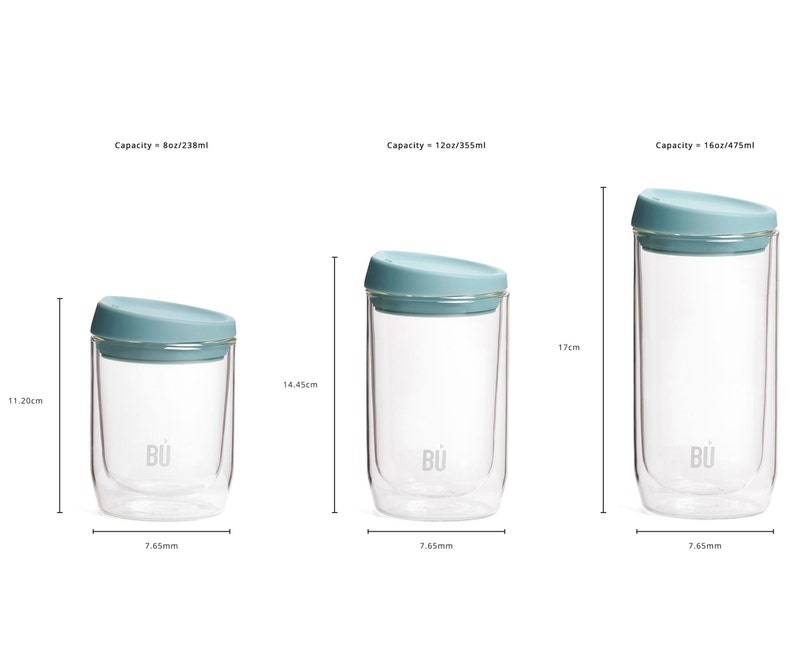 May include: Three glass double-walled tumblers with blue lids. The tumblers are 238ml, 355ml, and 475ml. The tumblers are clear glass and have a logo that says "B&Ugrave;" on the side.