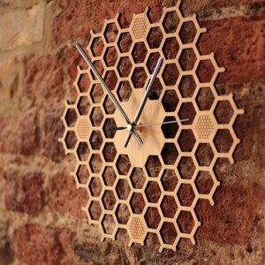 Silent Honeycomb Clock, Wooden Wall Clock, Beehive Clock, Bumblebee Clock, Wood Hexagon Clock, Geometric Clock, Minimalist Wall Clock image 2