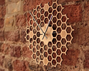Honeycomb Inspired Wooden Wall Clock With Non Ticking, Silent Sweep, Unique and Minimalist Clock - Bamboo Kitchen Wall Decor