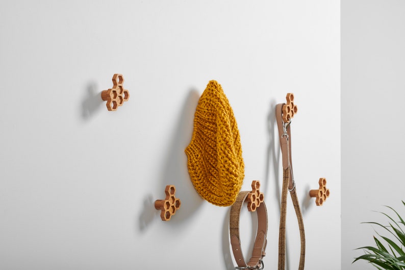 Honeycomb Wall Hooks Set, Hexagon Wall Hooks, Wood Wall Pegs, Single Wall Hook, Modern Wall Hook, Wall Towel Hook, Scarf Hook, Bee Coat Hook image 6