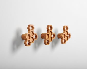 Honeycomb Wall Hooks Set, Hexagon Wall Hooks, Wood Wall Pegs, Single Wall Hook, Modern Wall Hook, Wall Towel Hook, Scarf Hook, Bee Coat Hook