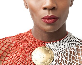 African Jewelry-jewelry-Ethnic-African Necklace-Handmade-Beaded-South African Inspired Bib Beaded Necklace with Brass Adornment
