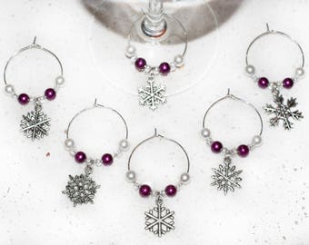Pink Snowflake Wine Charms; Christmas; Winter; 6 piece wine charm set