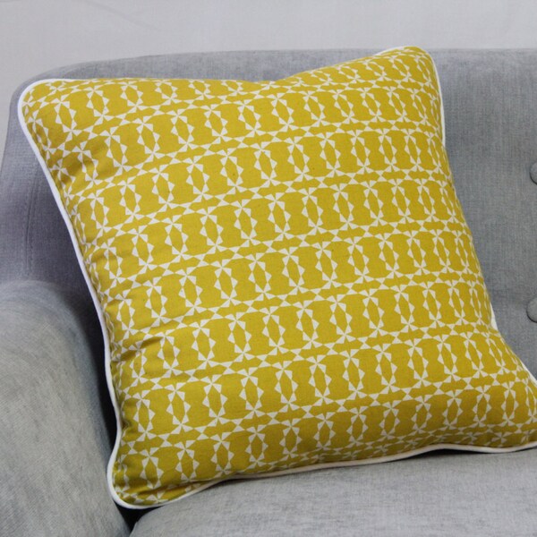 Mustard geometric cushion cover with white piping and grey back - 45cm x 45cm