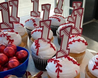 Baseball Number Cupcake Toppers - Set of 12. Baseball Birthday Decorations. Baseball First Birthday.
