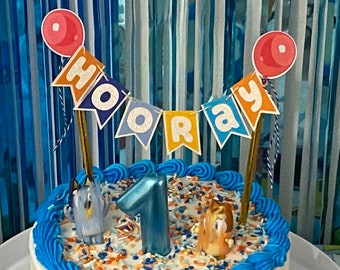 Blue Hooray Cake Topper. Blue Party Decor. Birthday Cake Bunting. Blue Birthday Theme. Party Decorations for Kids.