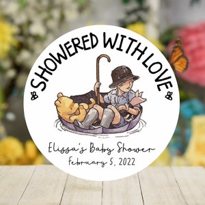 Classic Bear Baby Shower Stickers. Pooh Bear Theme Decorations. Pooh Bear Party Favors. Personalized Stickers.