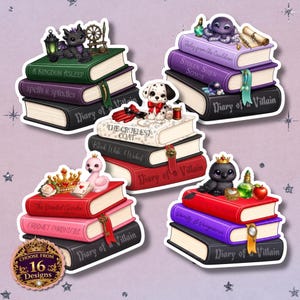 Op de afbeelding: Vijf stapels ge&iuml;llustreerde boeken met fantastische wezens en magische voorwerpen. Elke stapel bevat titels zoals A Kingdom Asleep, Stolen Siren Songs, The Cruelest Coat, The Painted Garden en Vanity & Vengeance. Een ronde badge vermeldt Choose from 16 Designs.
