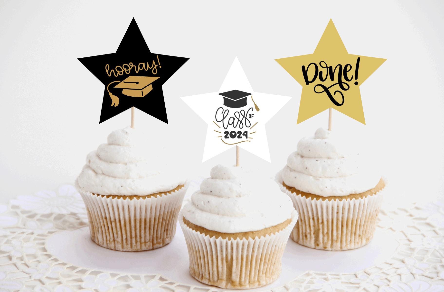 Cupcake-Topper 'Klasse 2025' Mit Rosa Schleife – 12 Stück, Aus Glitzerpapier & Bambus, Für Abschlussfeiern & Dessert-Deko