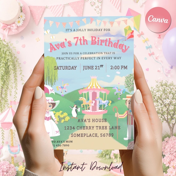 Mary Poppins Birthday Invitation | Practically Perfect Digital Party Invite | Editable Template | Jolly Holiday Carousel Theme
