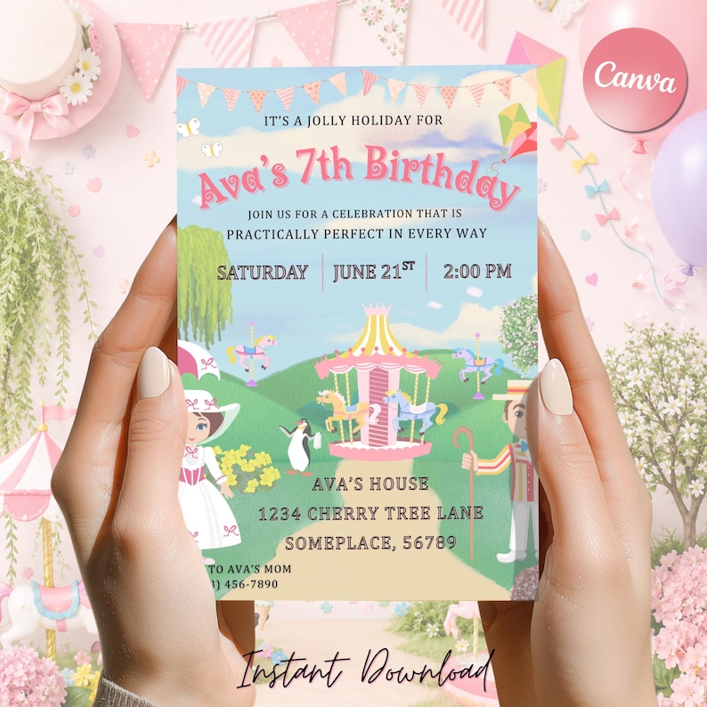 May include: A colorful birthday invitation with the text "Ava's 7th Birthday." The invitation features a carousel, a penguin, and a man with a cane. The text includes the date, time, and location of the party. The words "Instant Download" are at the bottom.