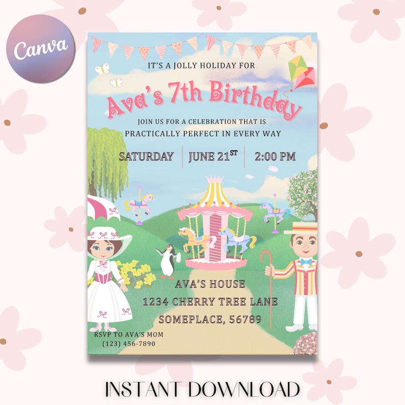 May include: A birthday party invitation with a whimsical design. The invitation features the text "Ava's 7th Birthday" in pink, along with illustrations of a carousel, characters, and a kite. The invitation includes the date, time, and location.