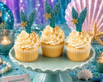 Mermaid Tail Cupcake Toppers - Set of 12 | Under the Sea Birthday Decor | Mermaid Party Cake Toppers | Glitter Mermaid Theme