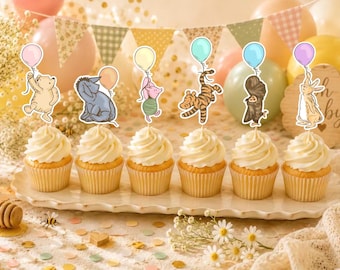 Classic Pooh Cupcake Toppers Set of 12 Pooh Baby Shower Cake Decorations Bear First Birthday Rainbow Balloons