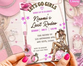 Modèle d'invitation pour le dernier rodéo et EVJF modifiable sur Canva, invitation à une soirée disco cow-girl bach, soirée de filles western rose, téléchargement immédiat