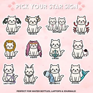 Kawaii Zodiac Cat Stickers | Horoscope Star Sign Sticker Pack | Cute Astrology Vinyl Waterproof Stickers for Laptops & Planners
