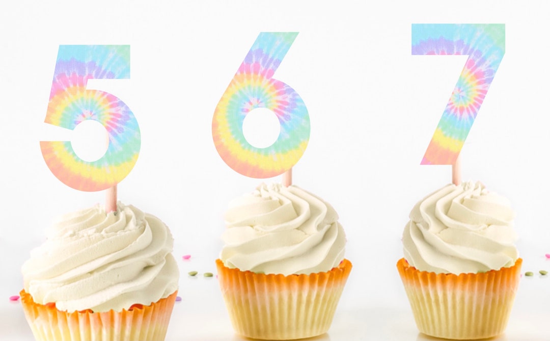 Pastel Tie Dye Cupcake Toppers Set of 12. Tie Dye Party. Tie Dye Number