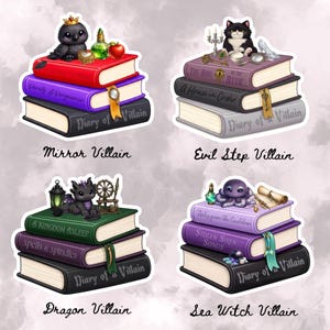 Op de afbeelding: Vier stickerontwerpen met stapels boeken met het label Diary of a Villain. De Mirror Villain-stapel bevat een kraai en een appel. De Evil Step Villain-stapel toont een kat en een spiegel. Dragon Villain heeft een draak en Sea Witch Villain bevat een octopus.