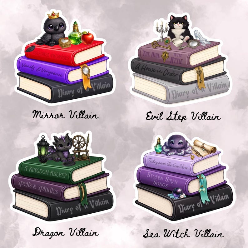 Op de afbeelding: Vier stickerontwerpen met stapels boeken met het label Diary of a Villain. De Mirror Villain-stapel bevat een kraai en een appel. De Evil Step Villain-stapel toont een kat en een spiegel. Dragon Villain heeft een draak en Sea Witch Villain bevat een octopus.