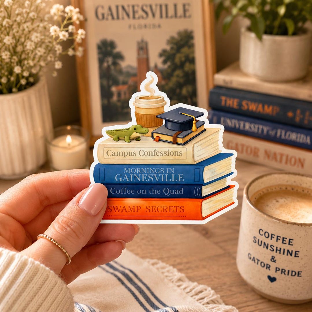 College Town Book Stack Vinyl Sticker – Cozy Campus Coffee Aesthetic ...
