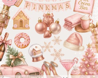 Merry Pinkmas Clipart | Pink Christmas PNG Bundle | Glam Holiday Aesthetic | Pastel Xmas Decor | Instant Download
