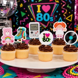 80s Party Cupcake Toppers - Set of 12. 80s Theme. 1980s Decorations. I Love the 80s. image 1