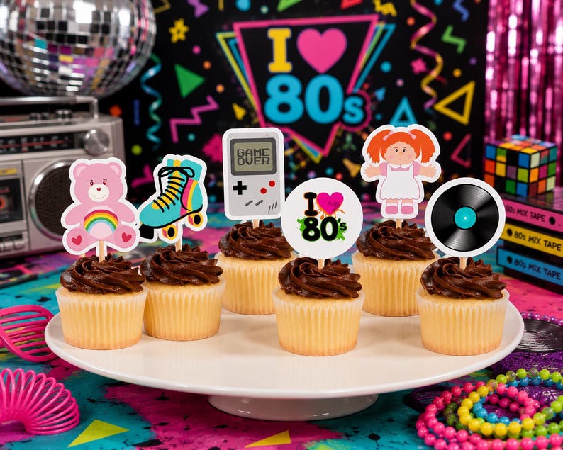 80s Party Cupcake Toppers - Set of 12. 80s Theme. 1980s Decorations. I Love the 80s. image 1