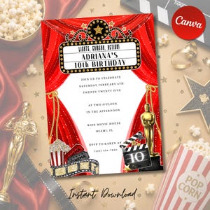 Hollywood Movie Birthday Invitation Template Editable Canva, Red Carpet Birthday Party Invite, Lights Camera Action Party, Instant Download