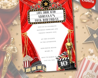 Hollywood Movie Birthday Invitation Template Editable Canva, Red Carpet Birthday Party Invite, Lights Camera Action Party, Instant Download