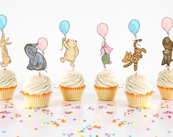 Classic Pooh Cupcake Toppers - Set of 12. Pooh Bear Baby Shower Decorations. Baby Shower Cupcake Toppers. Gender Reveal Ideas.