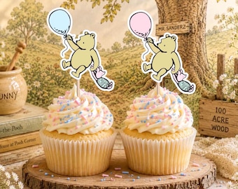 Pooh Cupcake Toppers - Set of 12. Pooh Baby Shower Decorations. Baby Shower Cupcake Toppers. Gender Reveal Ideas.
