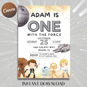 May include: A Star Wars-themed birthday invitation with the text "Adam is One" and event details. The design features illustrations of Star Wars characters, a Death Star, and a Millennium Falcon. The invitation is available for instant download.