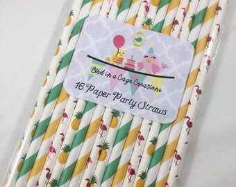 Tropical Paper Party Straws - Set of 16 | Pineapples and Flamingoes | Luau