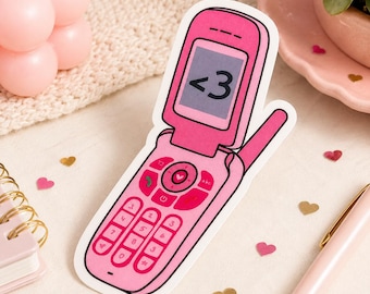 Pink Flip Phone Waterproof Vinyl Sticker. Millennial Sticker. 90s Nostalgia Sticker. Funny Vinyl Sticker.
