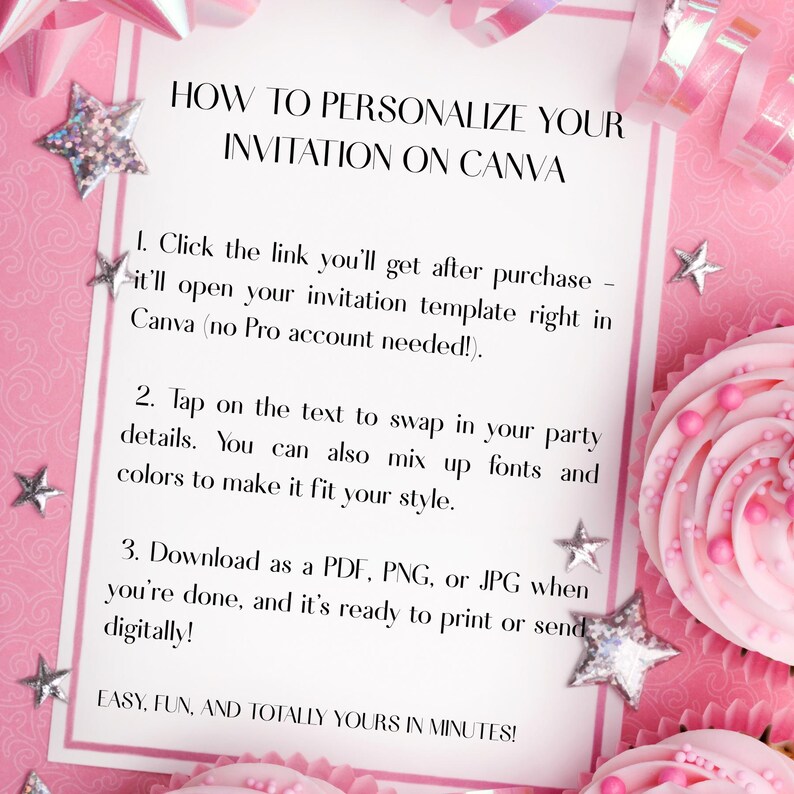 May include: A pink and white invitation design with text that reads "HOW TO PERSONALIZE YOUR INVITATION ON CANVA." The image includes instructions on how to edit the invitation template. The image is decorated with star-shaped confetti and cupcakes.