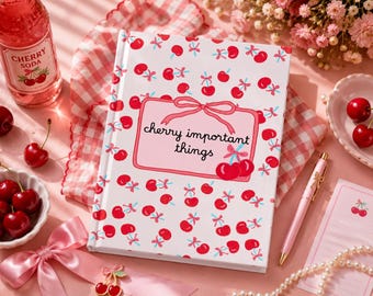 Cherry Notebook Journal | Cute Kawaii Cherry Pattern Hardback Journal | Pink Girly Aesthetic Diary | Cherry Important Things Planner