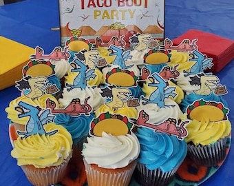 Tacos and Dragons Cupcake Toppers - Set of 12. Taco Dragon Party Ideas. Taco Party Decorations.