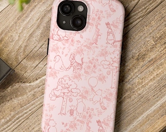 Pooh Bear Tough Phone Case, Pink Toile Pattern - Protective Cellphone Cover for Pooh Bear Fan, Cute Winnie the Pooh Lover Gift, Customizable