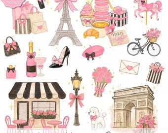Bubblegum Sparkle Paris Clipart | Chic Pink Parisian Watercolor Clip Art, Fashion Eiffel Tower Café Macarons Roses Instant Download