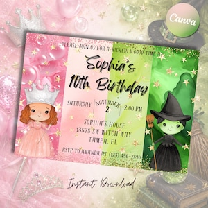 Pink and Green Birthday Invitation Template Editable in Canva, Good Witch Birthday Party Invite, Magical Girl Birthday, Instant Download