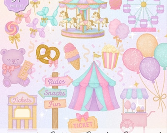 Cotton Candy Carnival Clipart Set | Pastel Fair Clipart Bundle | Carousel Ferris Wheel Cupcake Tent Cotton Candy PNG | Watercolor Carnival