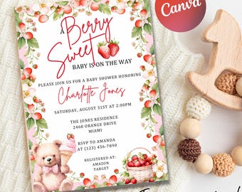 Bearbeitbare Erdbeereinladungsvorlage. Beere süßes Baby-Digital einladen. Erdbeer-Babyparty-Einladungen. Canva Einladung Vorlage.