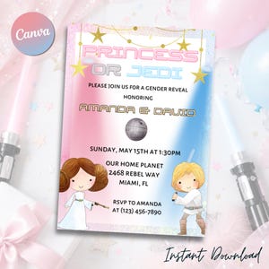 Star Wars Gender Reveal Invitation Template, Princess or Jedi (Canva Editable, Digital Download)