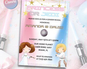 Star Wars Gender Reveal Invitation Template, Princess or Jedi (Canva Editable, Digital Download)