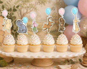 Classic Pooh Cupcake Toppers - Set of 12. Pooh Bear Baby Shower Decorations. Baby Shower Cupcake Toppers. Gender Reveal Ideas.