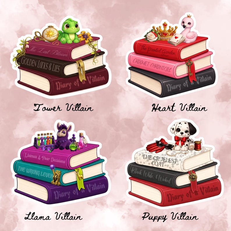 Op de afbeelding: Vier stickervellen met stapels boeken getiteld Diary of a Villain. De Tower Villain-stapel heeft een groene hagedis, Heart Villain een roze flamingo, Llama Villain een paarse lama en Puppy Villain een gevlekte puppy.
