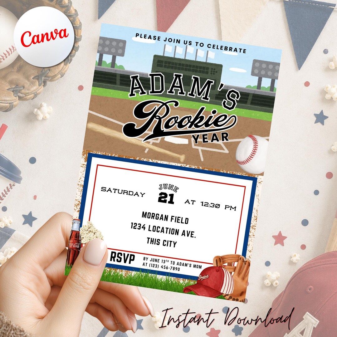 Rookie Year Baseball Birthday Invitation Template Editable in Canva ...