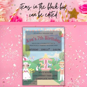 May include: A pink birthday invitation with the text "Ava's 7th Birthday". The invitation includes a carousel illustration and the text "Saturday June 21st 2:00 PM". The invitation also includes the address "1234 Cherry Tree Lane, Someplace, 56789".